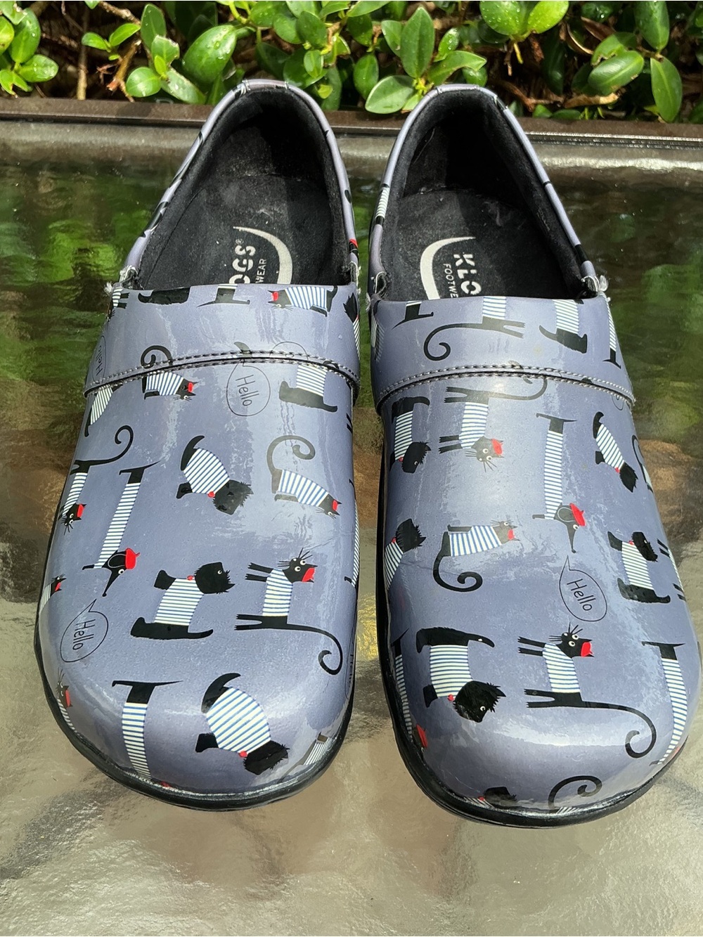 Klogs Slip-On Clogs in Periwinkle with Black Cats & Dogs